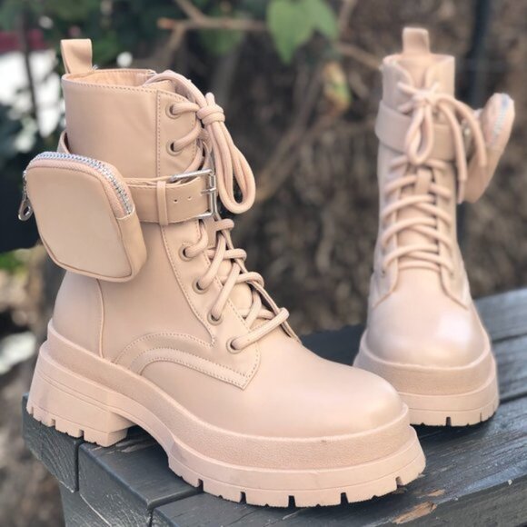 [New] LILIANA PLATFORM LACED UP COMBAT BOOTS WITH AIRPOD POCKET [NUDE BEIGE] - Picture 1 of 8